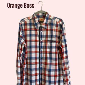 Hugo Boss Orange XL Red Blue White Checkered Long Sleeve Shirt EUC Men's